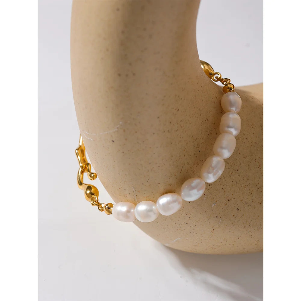 Yhpup Luxury Natural Freshwater Pearls Stainless Steel 18k Gold Color Bracelet Bangle Temperament Fashion Jewelry Women New Gift
