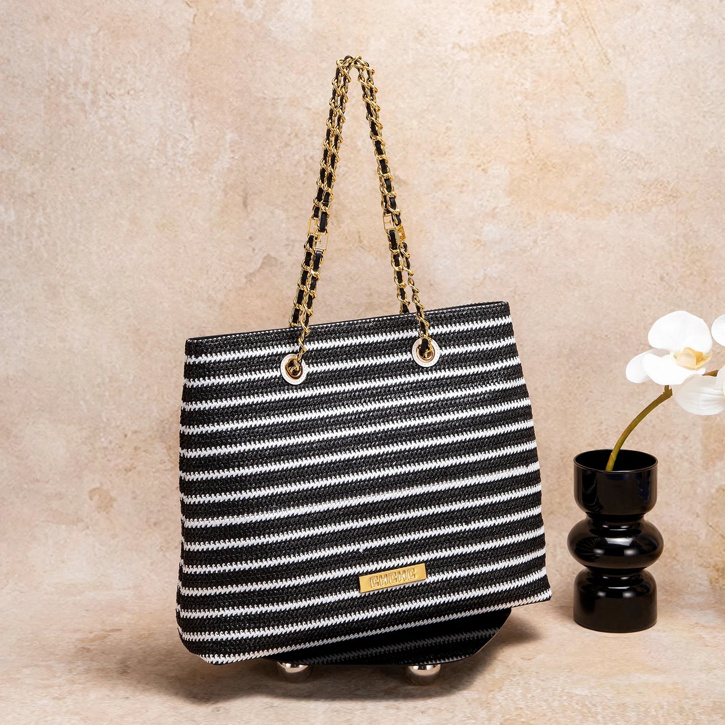 Fashion Classic Retro Stripe Women's New Chain Bag Large Capacity PP Material Women's Shoulder Bag