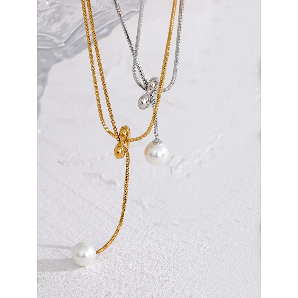 Yhpup 316l Stainless Steel Long Chain Heart Pendant Passed Chest Necklace Imitation Pearls Fashion Gold Silver Color Jewelry
