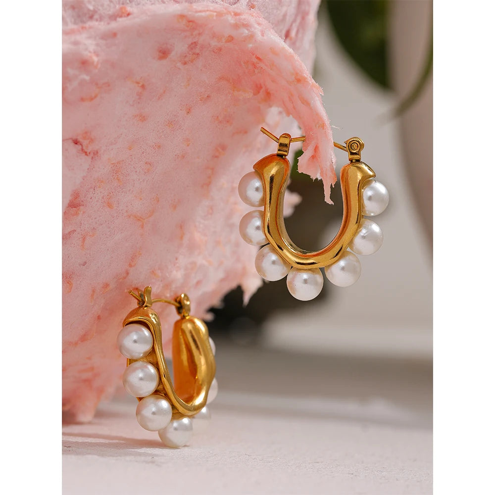 Yhpup Elegant Imitation Pearls Geometric Stainless Steel Huggie Hoop Earrings 18K Gold Color Waterproof Charm Trendy Jewelry