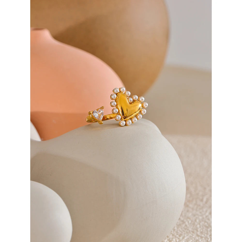 Yhpup Fashion Imitation Pearls CZ Heart Love Open Golen Ring Water Resistant Stainless Steel Elegant Premium Jewelry Gift