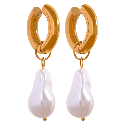 Yhpup Circle Drop Baroque Imitation Pearls Stainless Steel Trendy Gold Color Hoop Earrings Charm Vintage Trendy Jewelry Women