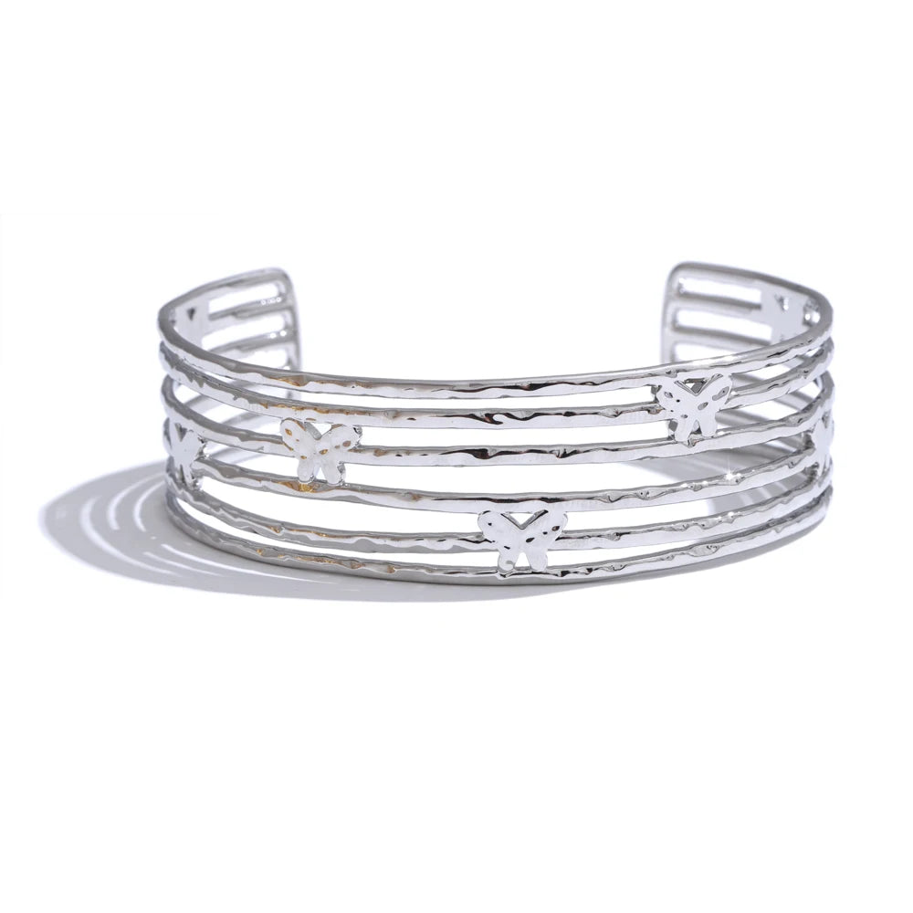 Yhpup Statement Stainless Steel Butterfly Hollow Wide Fashion Cuff Open Bracelet Bangle for Women Waterproof Jewelry New