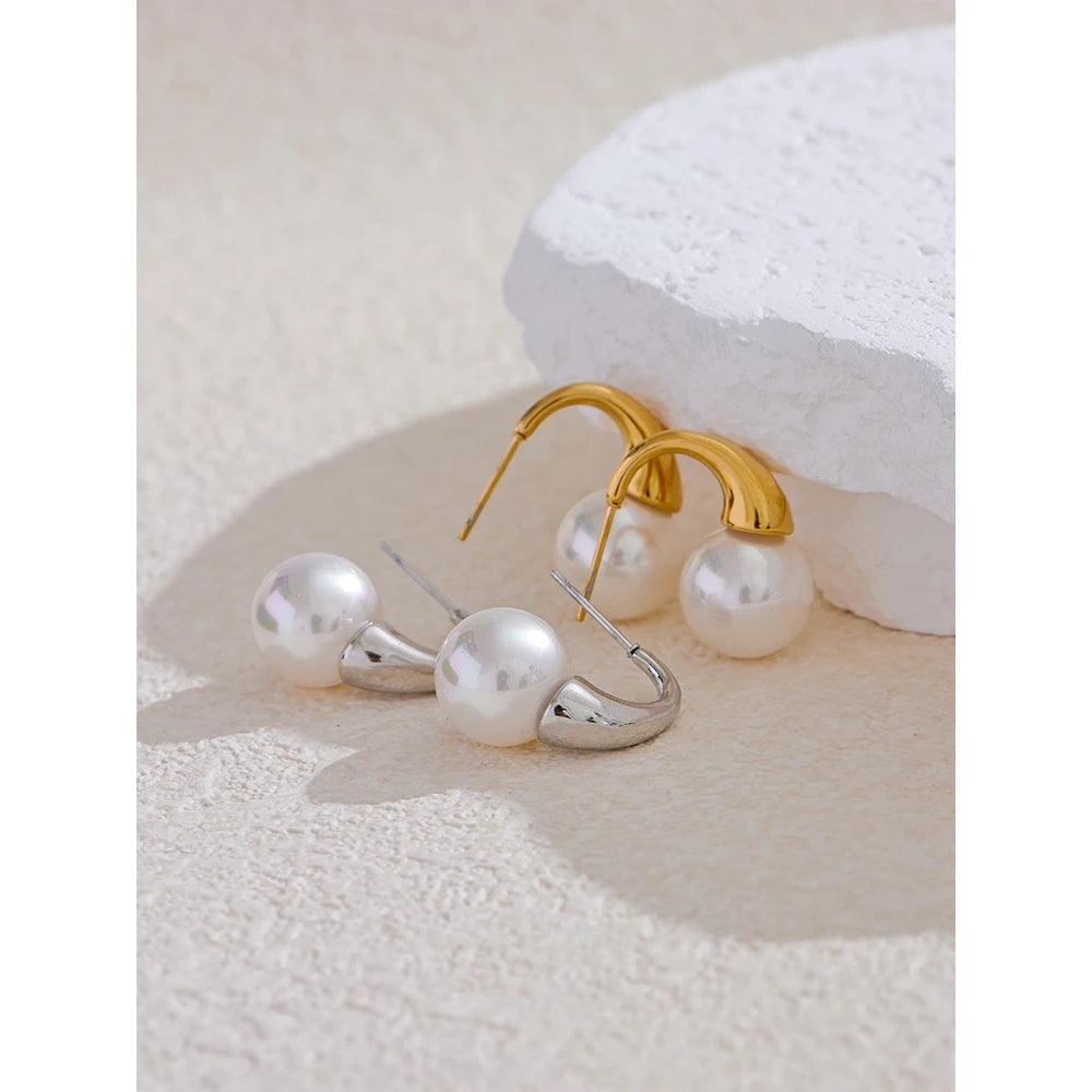 Yhpup Popular Imitation Pearls Stainless Steel Round Geometric High Quality Earrings Korean Daily Fashion Jewelry for Women