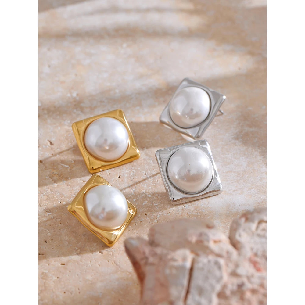 Yhpup 9g/pair Elegant Simulated Pearls Square Golden Stud Earrings for Women 316L Stainless Steel Fashion Classic Jewelry Gift