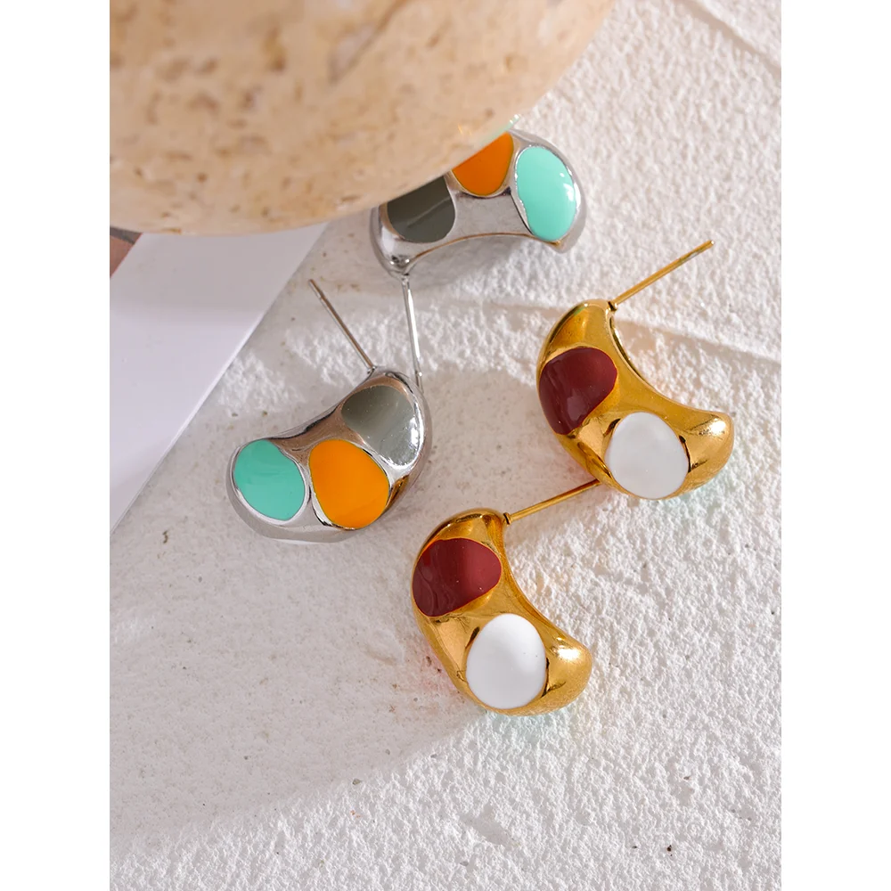 Yhpup Colorful Enamel Stainless Steel Half Empty Metal Fat Stud Earrings Waterproof Fashion Charm Jewelry Bijoux for Women