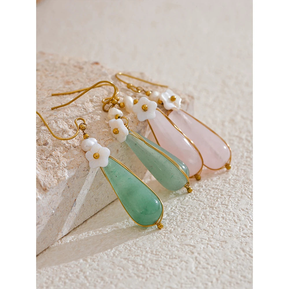 Yhpup Green Pink Natural Stone Drop Earrings for Women Stainless Steel Vintage Elegant Chinese Style Fashion Jewelry Gift