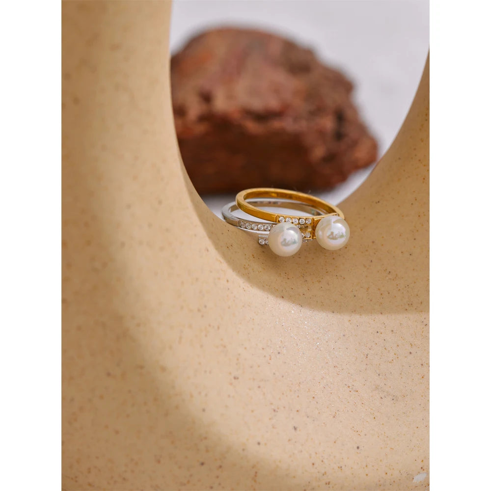 Yhpup Korean Style Imitation Pearls Chic Zirconia Thin Ring for Women Stainless Steel High Quality Fashion Finger Jewelry Gift