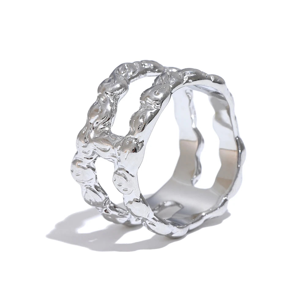 Yhpup Distinctive Stainless Steel Double Round Hollow Unusual Ring Water Resistant Metal Vintage Fashion Jewelry