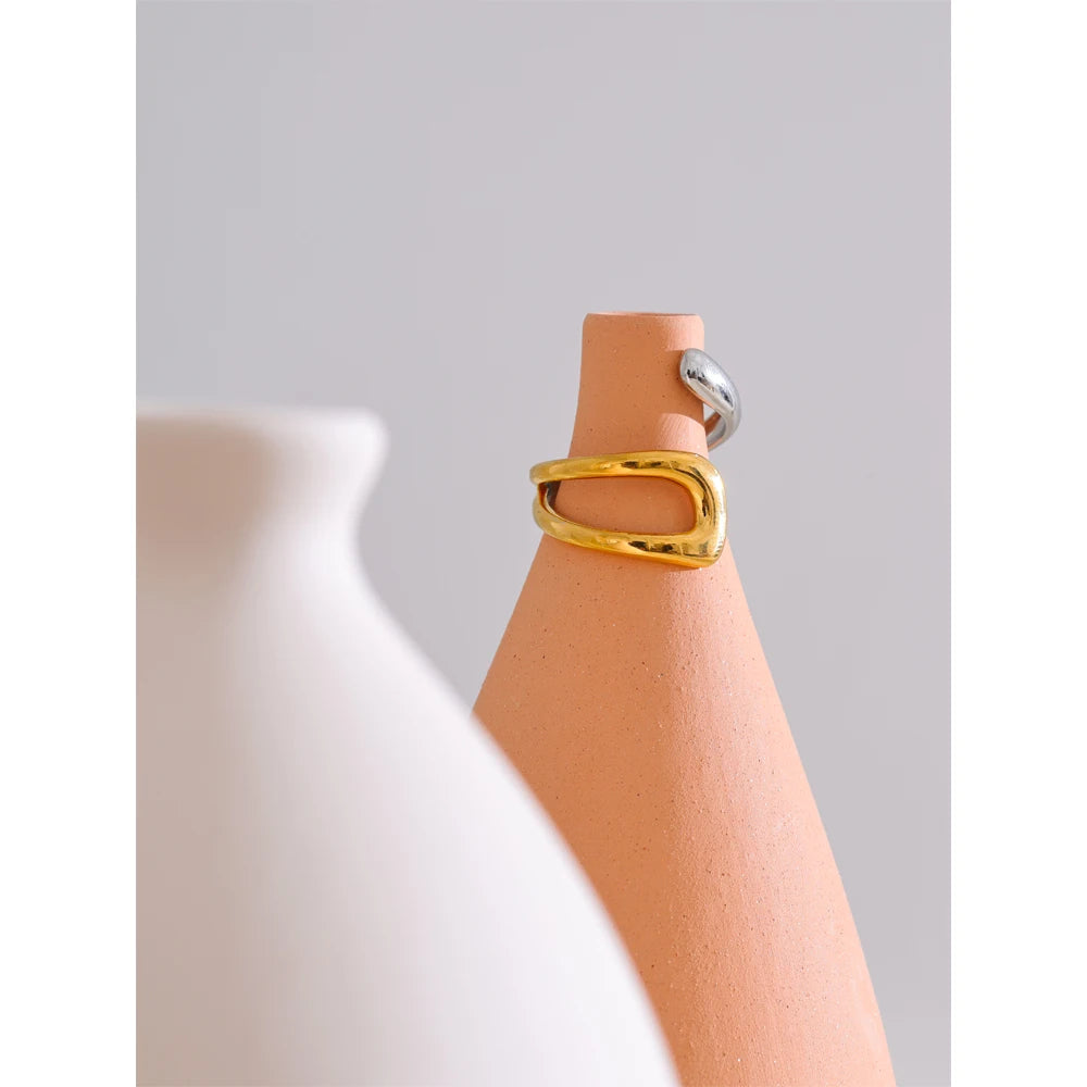 Yhpup Stainless Steel Geometric Hollow Adjustable Double Color Ring Waterproof Finger Jewelry Wholesale Gift
