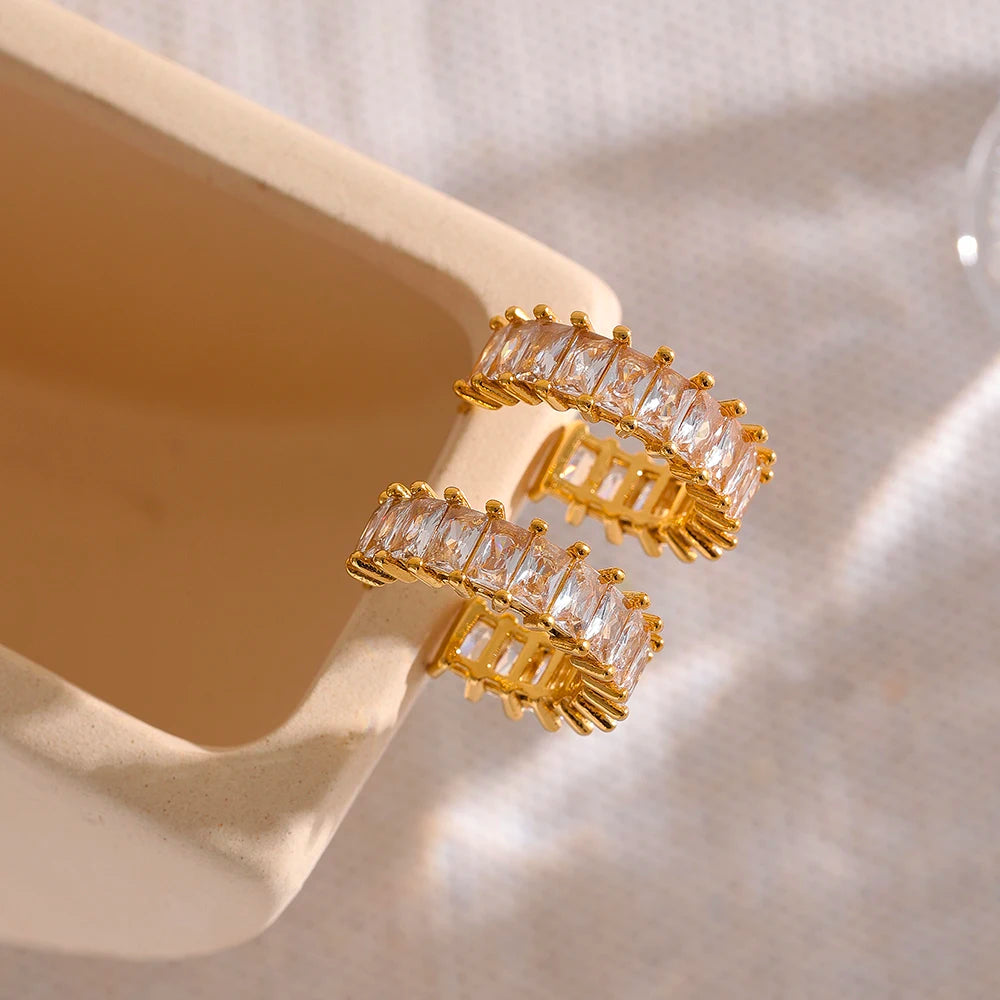 Yhpup Luxury Elegant AAA Cubic Zirconia Stainless Steel Hoop Earrings Waterproof Bling Trendy Fashion Wedding Jewelry Gift Women