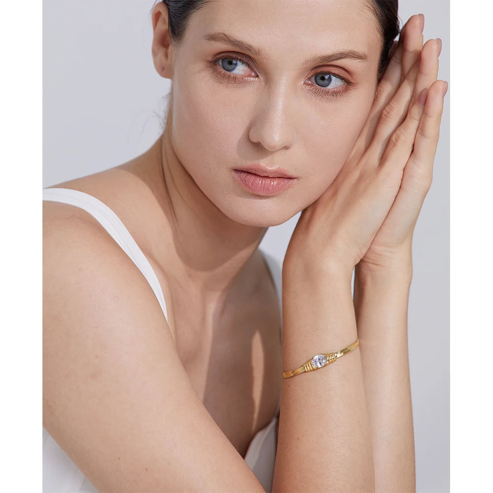 Yhpup Fashion Bling Texture Cubic Zirconia Snake Chain Stainless Steel Bracelet Bangle for Women PVD Gold Color Trendy Jewelry