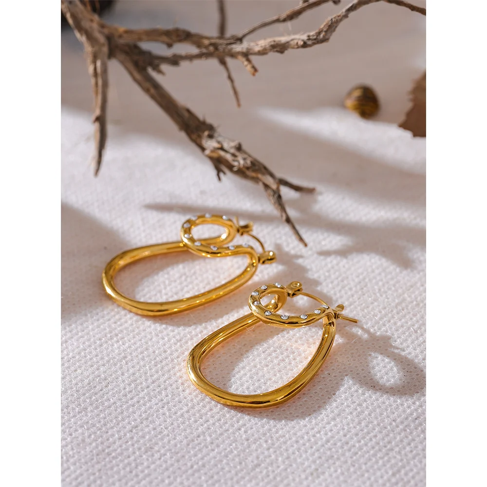 Yhpup Fashion Inlaid Zircon Stainless Steel Oval Hollow Hoop Earrings High Quality Gold Color Exquisite Ear Jewelry Gift