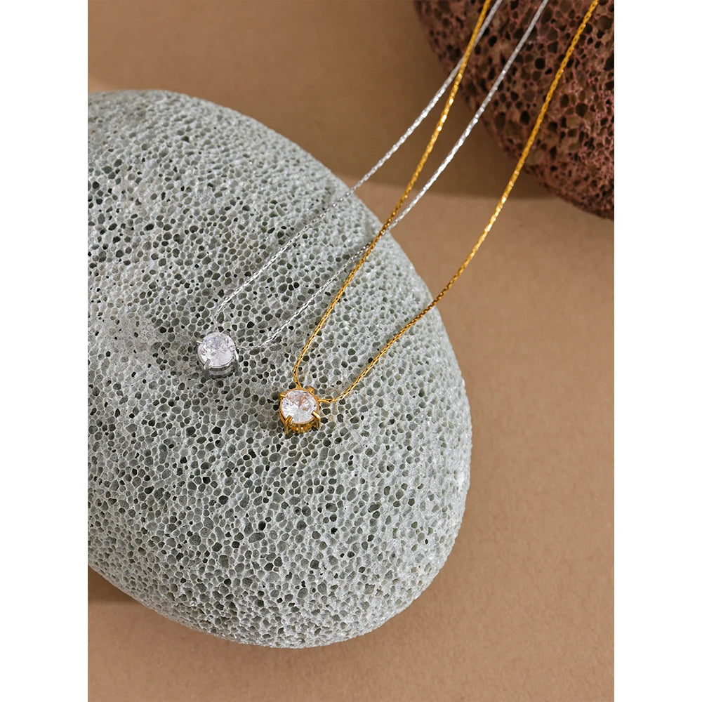 Yhpup Korean Chic Stainless Steel Shiny Cubic Zirconia Cast Delicate Necklace Pendant for Women Daily Waterproof Basic Jewelry