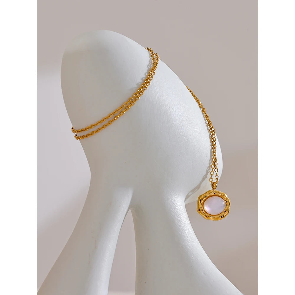 Yhpup Fashion Natural Shell Round Chic Pendant Necklace Waterproof Stainless Steel Golden High Quality Jewelry Accessories
