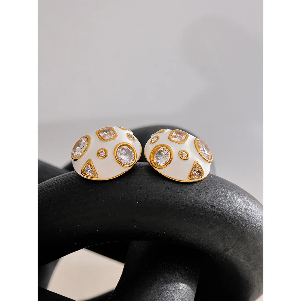 Yhpup Stainless Steel White Enamel inlaid Cubic Zirconia Charm Stud Earrings for Women Fashion Waterproof Jewelry