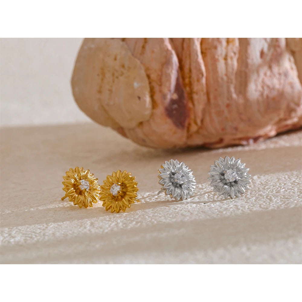 Yhpup Fashion Trendy Stainless Steel Daisy CZ Stereoscopic Waterproof Stud Earrings Women Stylish Daily Jewelry Office Ladies
