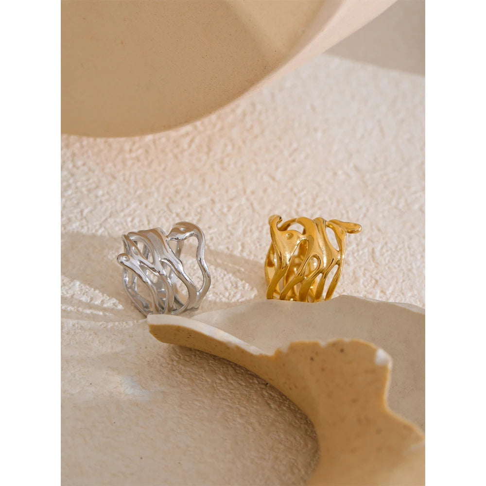 Yhpup 6789# Trendy 316L Stainless Steel Layered Hollow Geometric Wide Ring Gold Silver Color 18K PVD Plated Fashion Jewelry Gift