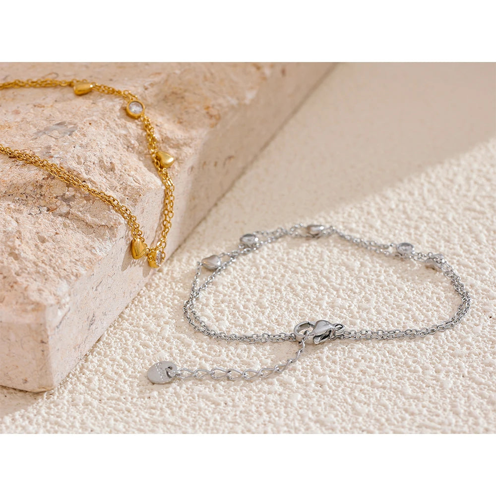 Yhpup Delicate Chain Heart Zircon Double Layer Stacking Bracelet Bangle Chic Summer Stainless Steel Waterproof Jewelry Gift