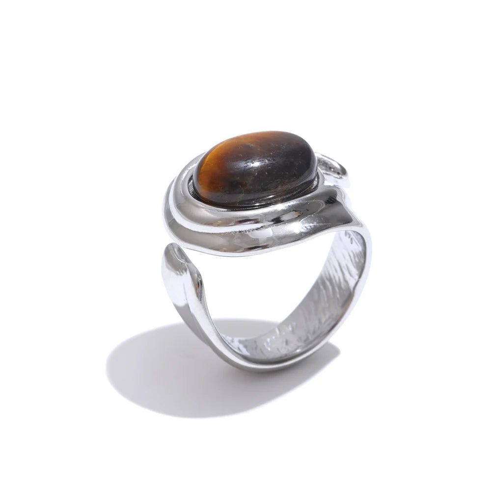 Yhpup Popular Stainless Steel Natural Tiger Stone Finger Ring Gold Silver Color Waterproof Geometric Charm Jewelry