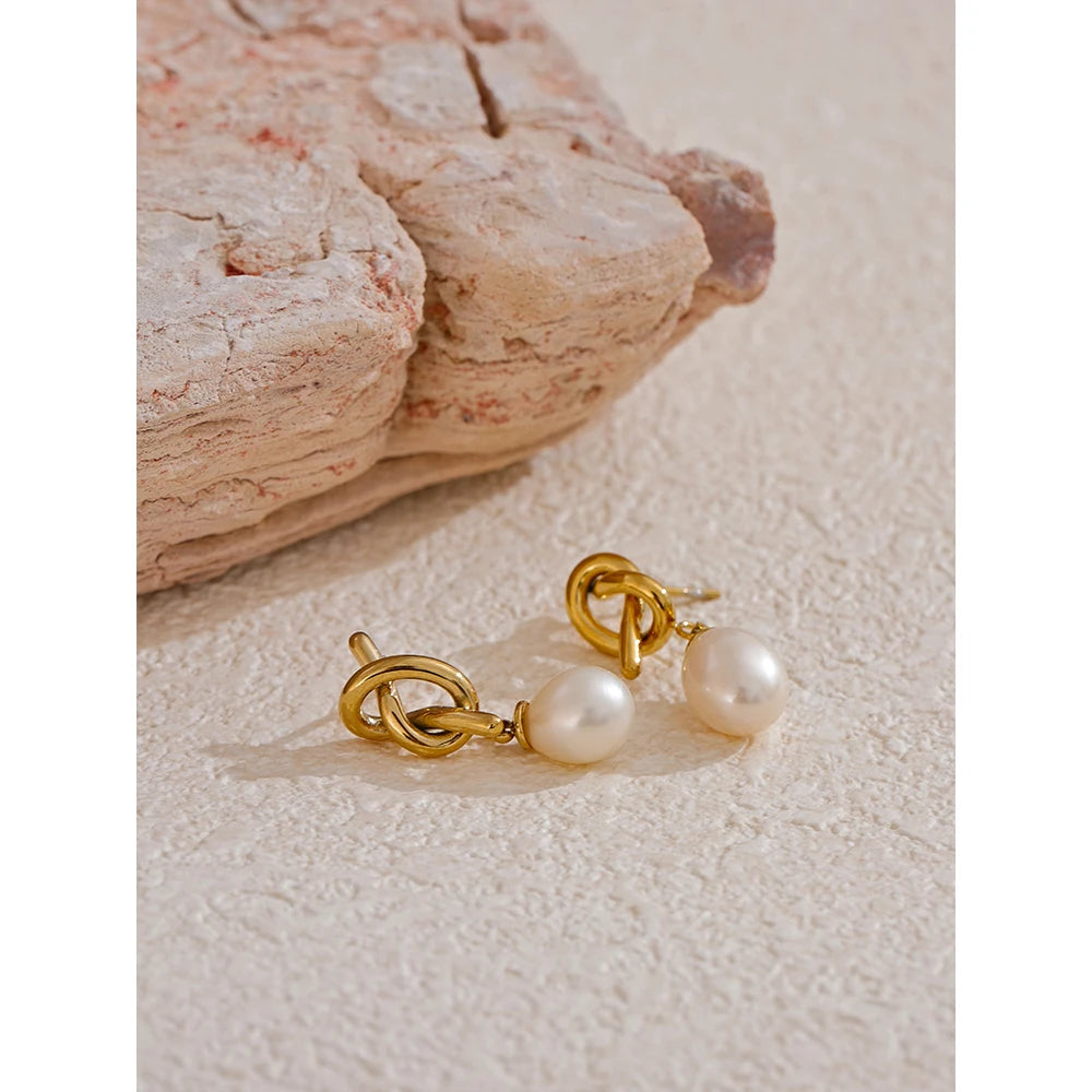 Yhpup Luxury Natural Freshwater Pearl Knot Drop Earrings Trendy Stainless Steel Exquisite High Quality Versatile Jewelry Gift