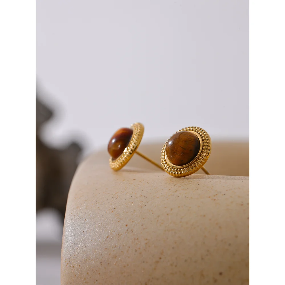 Yhpup Exquisite Natural Stone Stainless Steel Round Small Stud Earrings Waterproof Trendy High Quality Daily Jewelry Bijoux