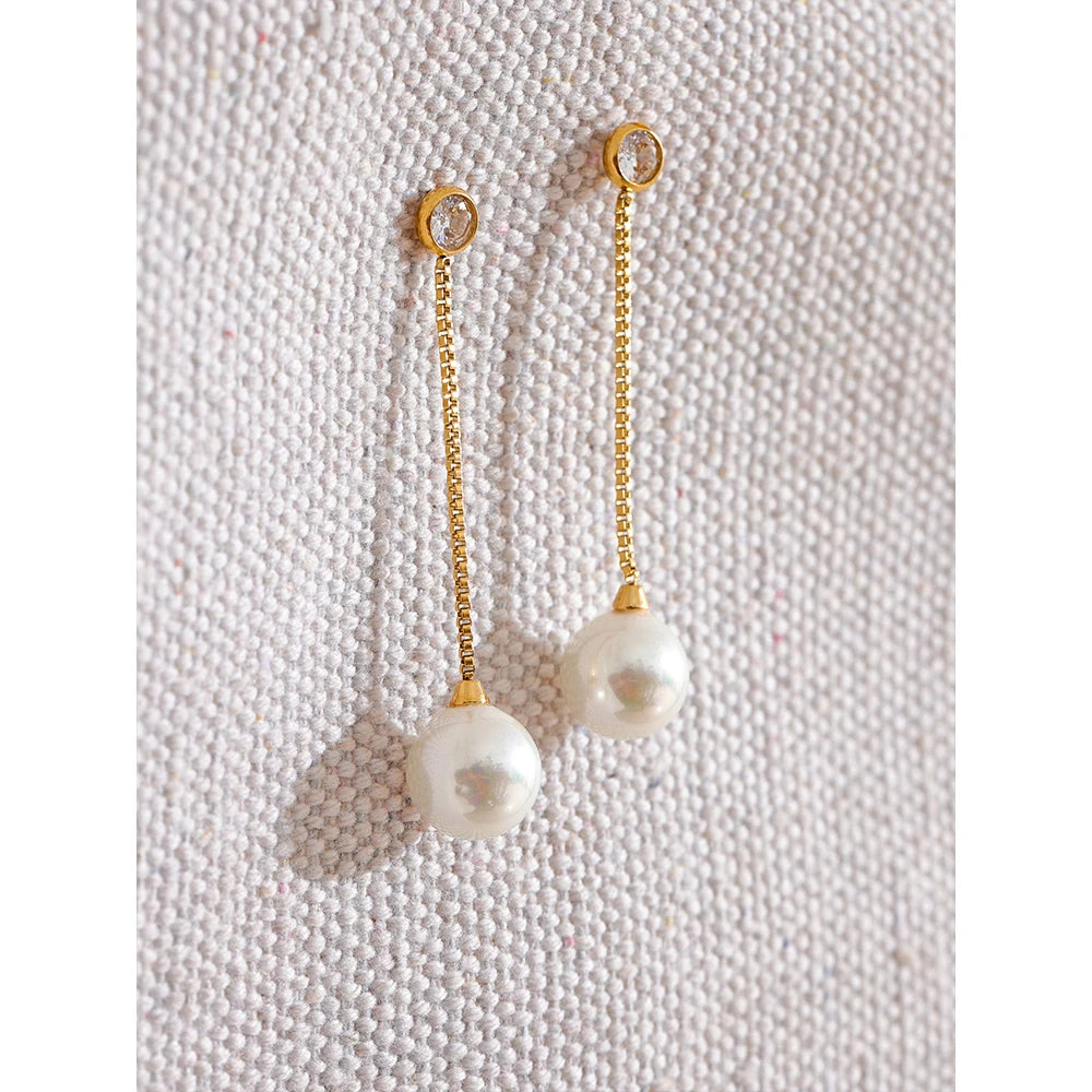 Yhpup Korean Imitation Pearls Long Chain Hanging Dangle Earrings for Women Anti Allergic Stainless Steel Charm Daily Jewelry