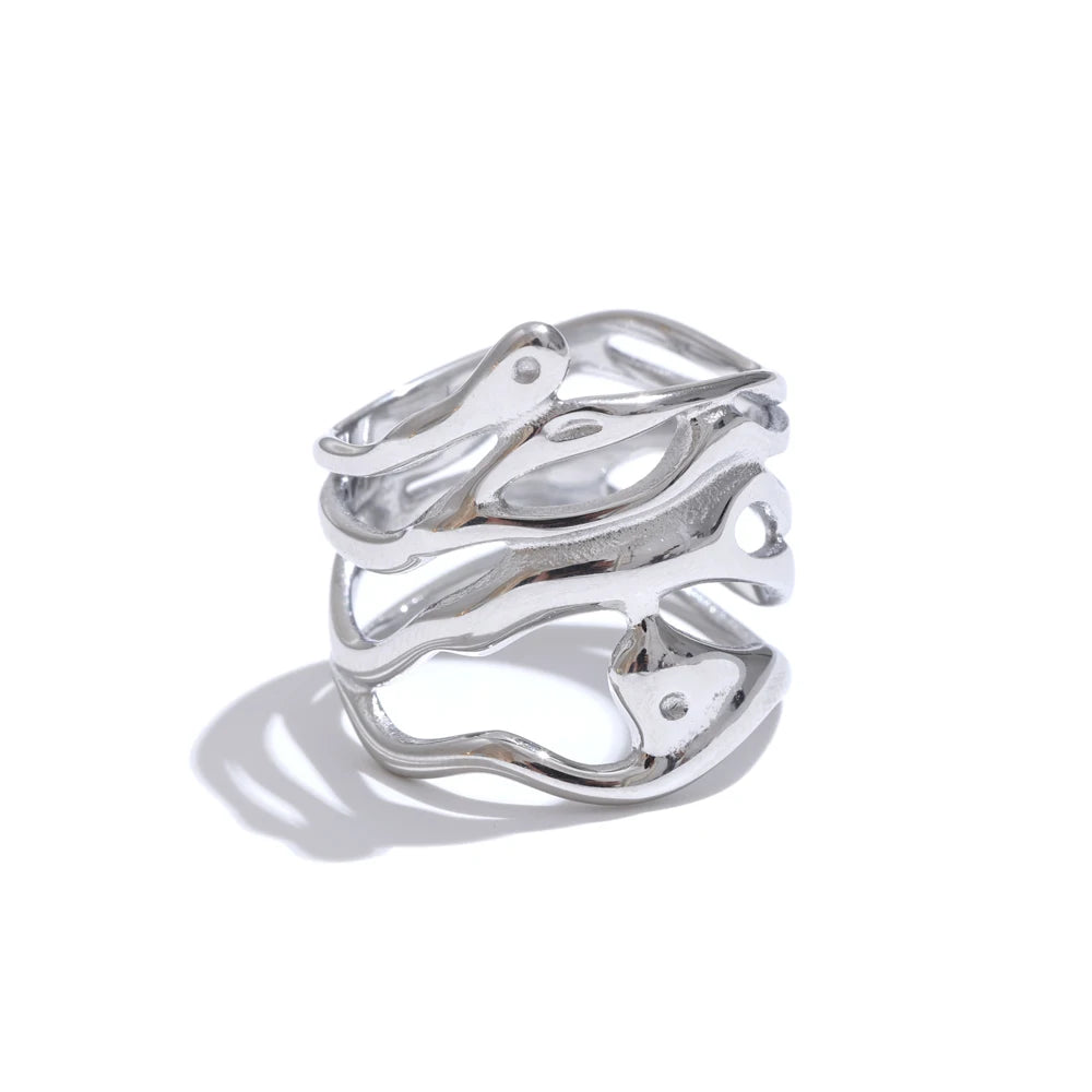Yhpup 6789# Trendy 316L Stainless Steel Layered Hollow Geometric Wide Ring Gold Silver Color 18K PVD Plated Fashion Jewelry Gift