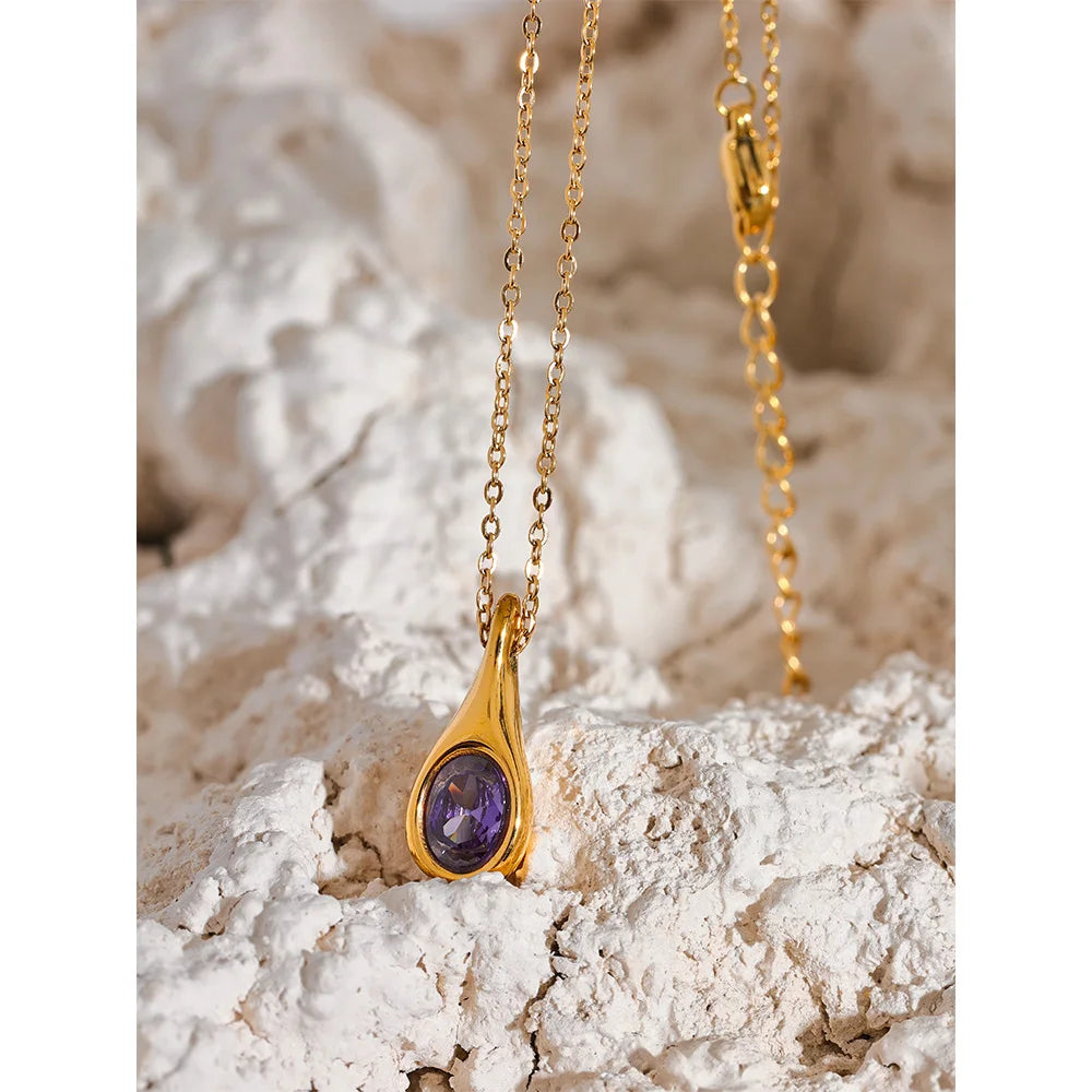 Yhpup High Quality Purple Cubic Zirconia Stainless Steel Water Drop CZ Pendant Fashion Necklace Delicate Women Chic Jewelry Gift