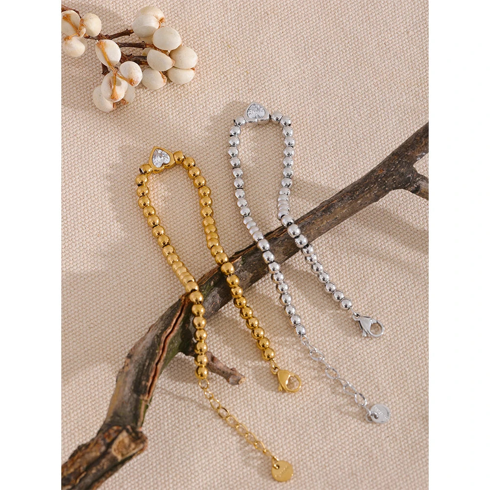 Yhpup Stainless Steel Beads Chain Heart Zircon Handmade Bracelet Bangle Gold Color Waterproof Charm Jewelry for Women Gala Gift