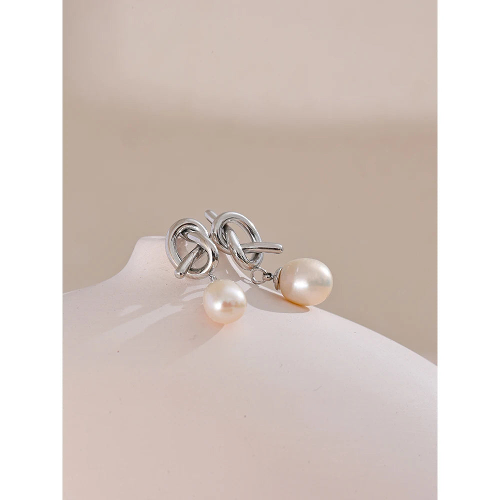 Yhpup Luxury Natural Freshwater Pearl Knot Drop Earrings Trendy Stainless Steel Exquisite High Quality Versatile Jewelry Gift
