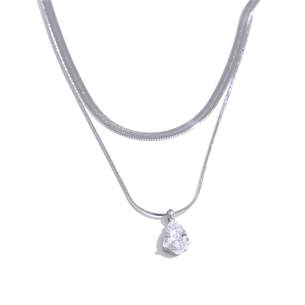 Yhpup Popular Stainless Steel Double Layer Snake Chain Stacking Necklace Pendant Water Drop Zirconia Collar Jewelry Party Gift