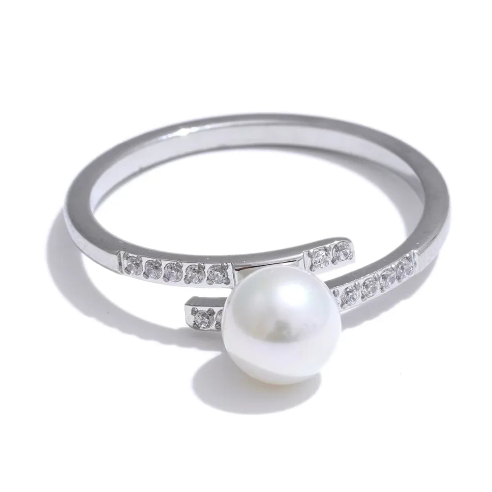 Yhpup Korean Style Imitation Pearls Chic Zirconia Thin Ring for Women Stainless Steel High Quality Fashion Finger Jewelry Gift