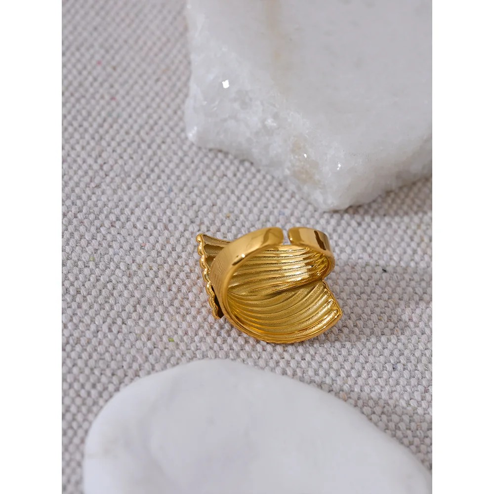 Yhpup New Stainless Steel Metal Geometric Golden Wide Ring Statement Texture 18K PVD Plated Attractive Jewelry Bijoux