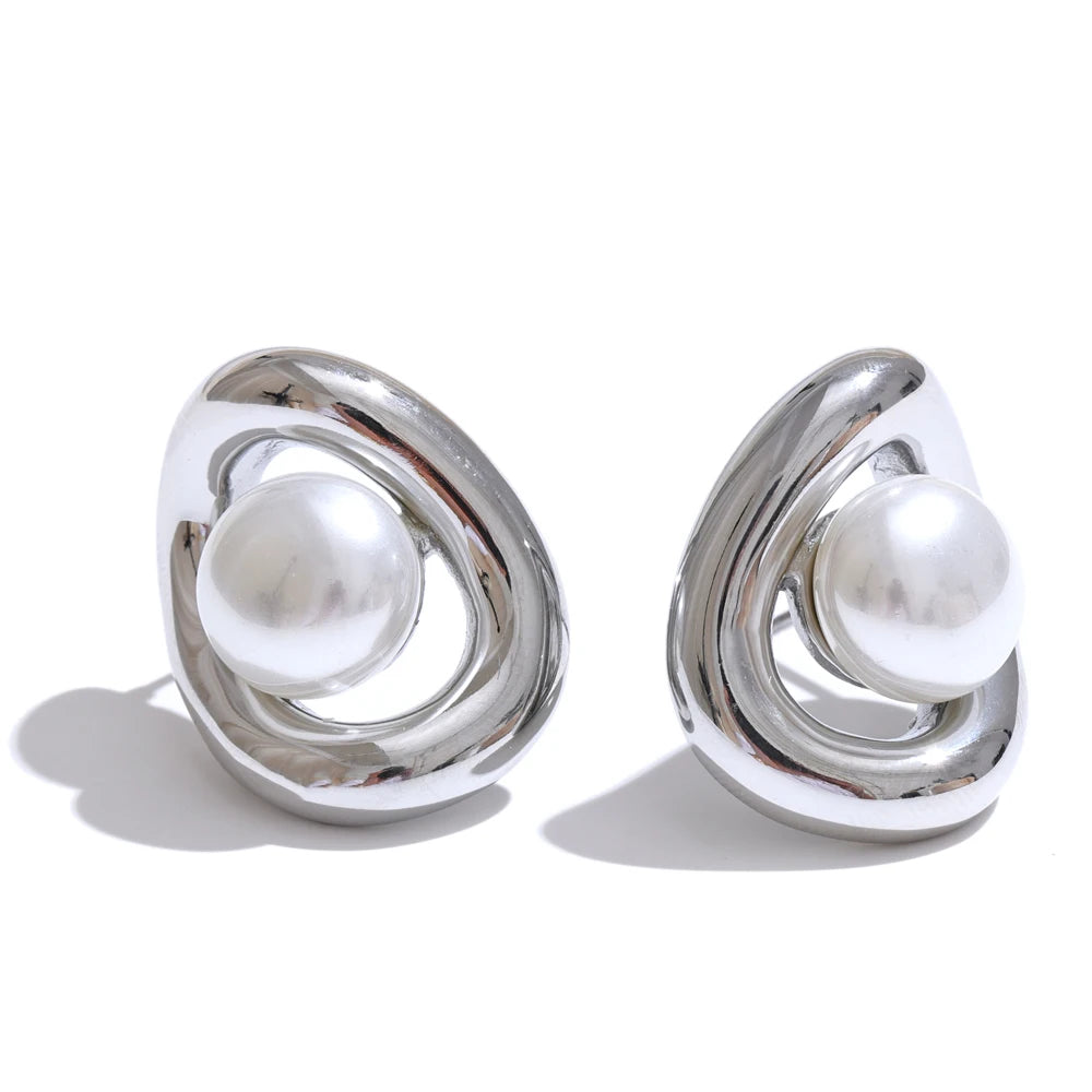 Yhpup Fashion Stainless Steel Simulated Pearls Hollow Oval Geometric Stud Earrings Prevent Allergy Metal Arrival Jewelry Daily