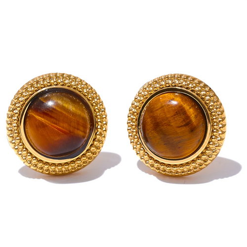 Yhpup Exquisite Natural Stone Stainless Steel Round Small Stud Earrings Waterproof Trendy High Quality Daily Jewelry Bijoux
