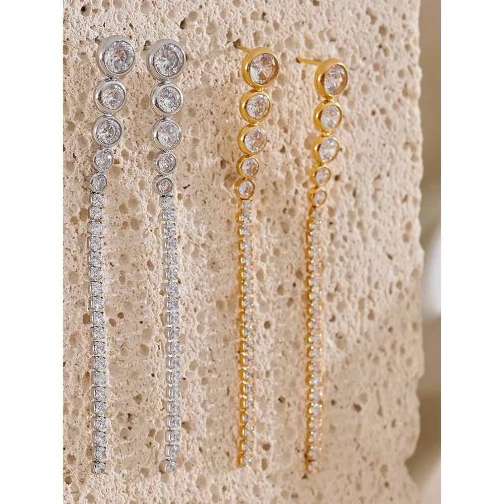 Yhpup Exquisite Bling Cubic Zirconia CZ Long Chain Hanging Earrings New Stainless Steel Delicate Waterproof Party Drop Jewelry