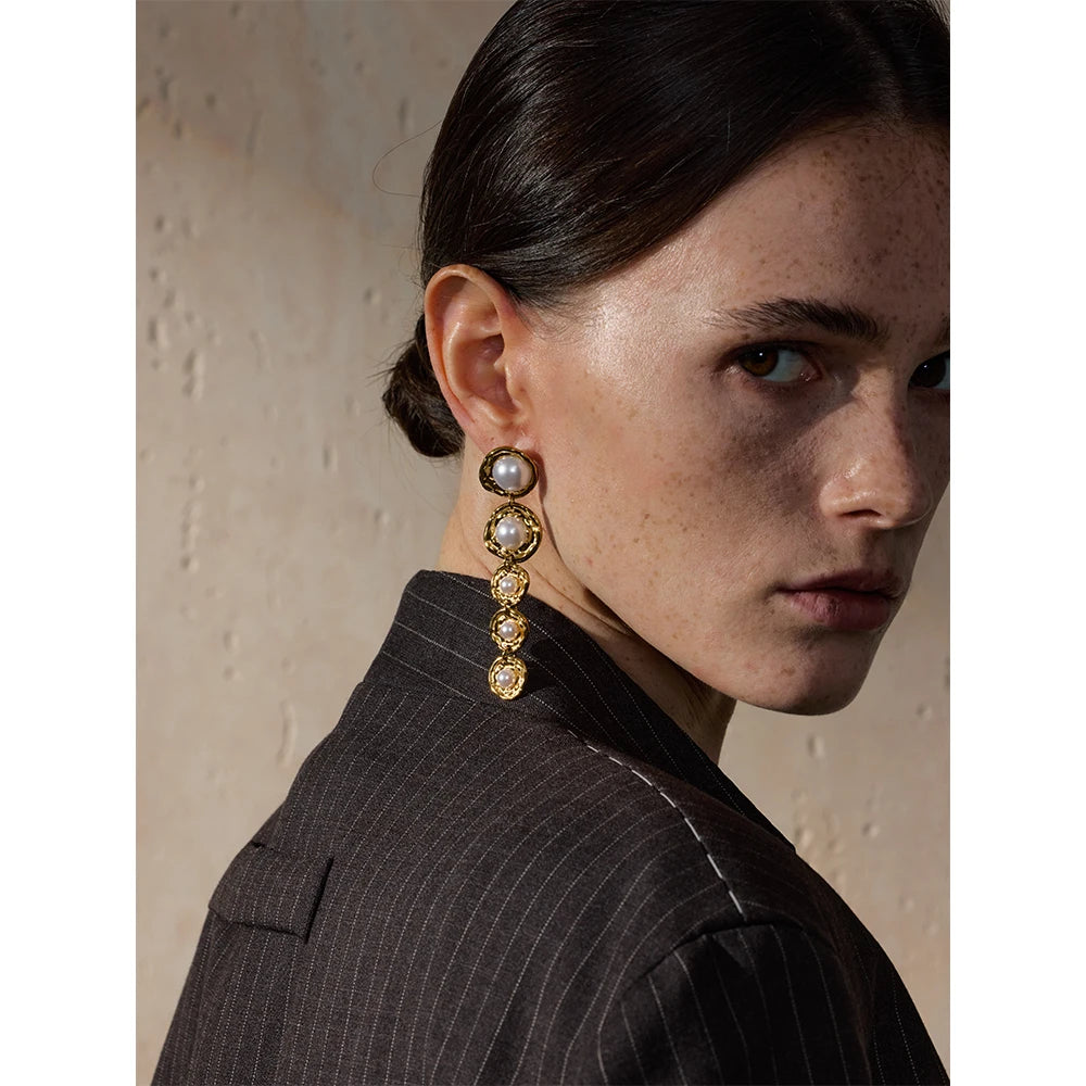 Yhpup Stainless Steel Simulated Pearls Golden Long Hanging Drop Earrings Prevent Allergy Fashion Popular Statement Jewelry Gift