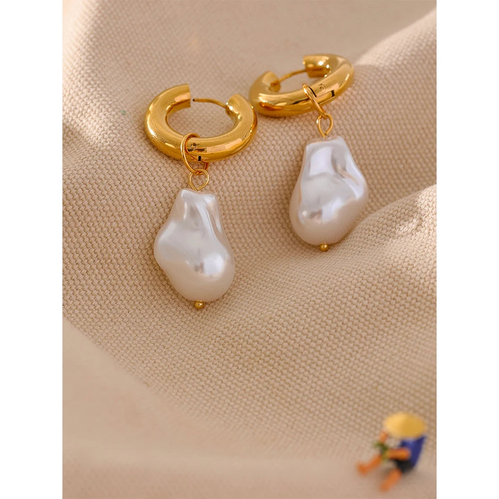 Yhpup Circle Drop Baroque Imitation Pearls Stainless Steel Trendy Gold Color Hoop Earrings Charm Vintage Trendy Jewelry Women