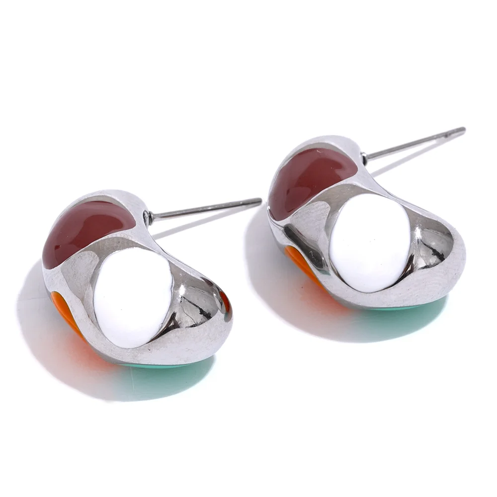 Yhpup Colorful Enamel Stainless Steel Half Empty Metal Fat Stud Earrings Waterproof Fashion Charm Jewelry Bijoux for Women