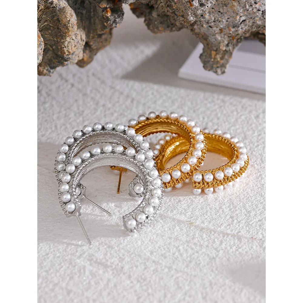 Yhpup Elegant Imitation Pearls Stainless Steel C Shape Geometric Hoop Huggie Earrings Vintage Metal Charm Stylish Jewelry Bijoux