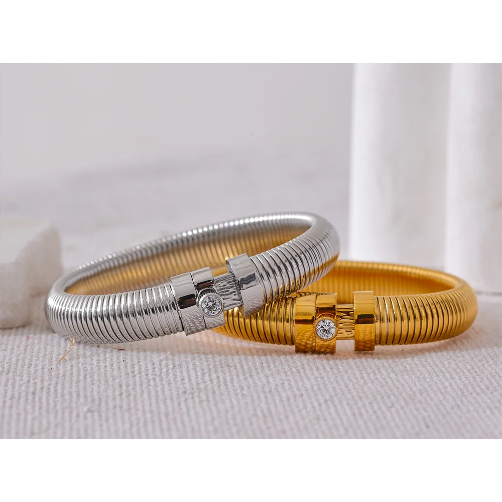 Yhpup Stainless Steel Elastic Thick Metal Bracelet Bangle Statement CZ Popular Fashion Unisex Jewelry for Men Women Waterproof