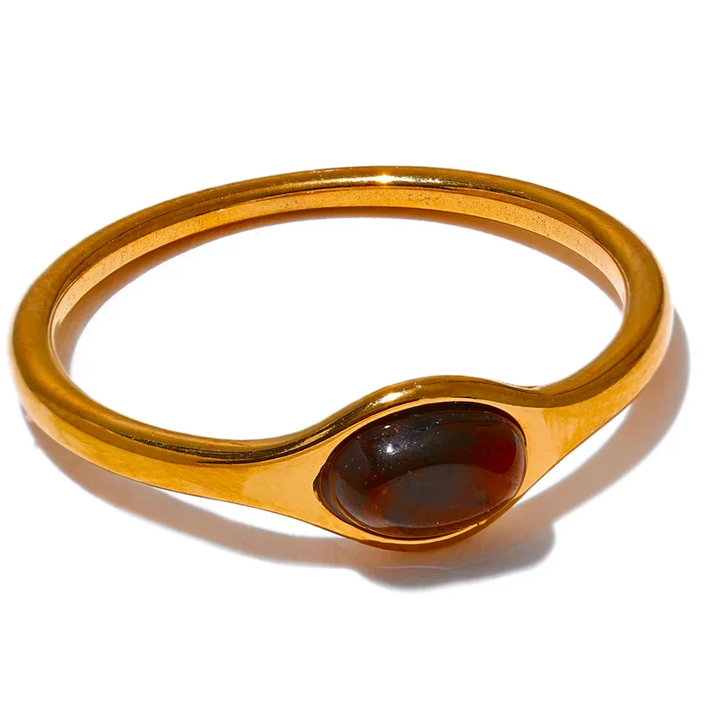 Yhpup Fashion Natural Stone Stainless Steel Oval Thin Chic Ring Women 18K PVD Plated Waterproof Jewelry Accessories Gift
