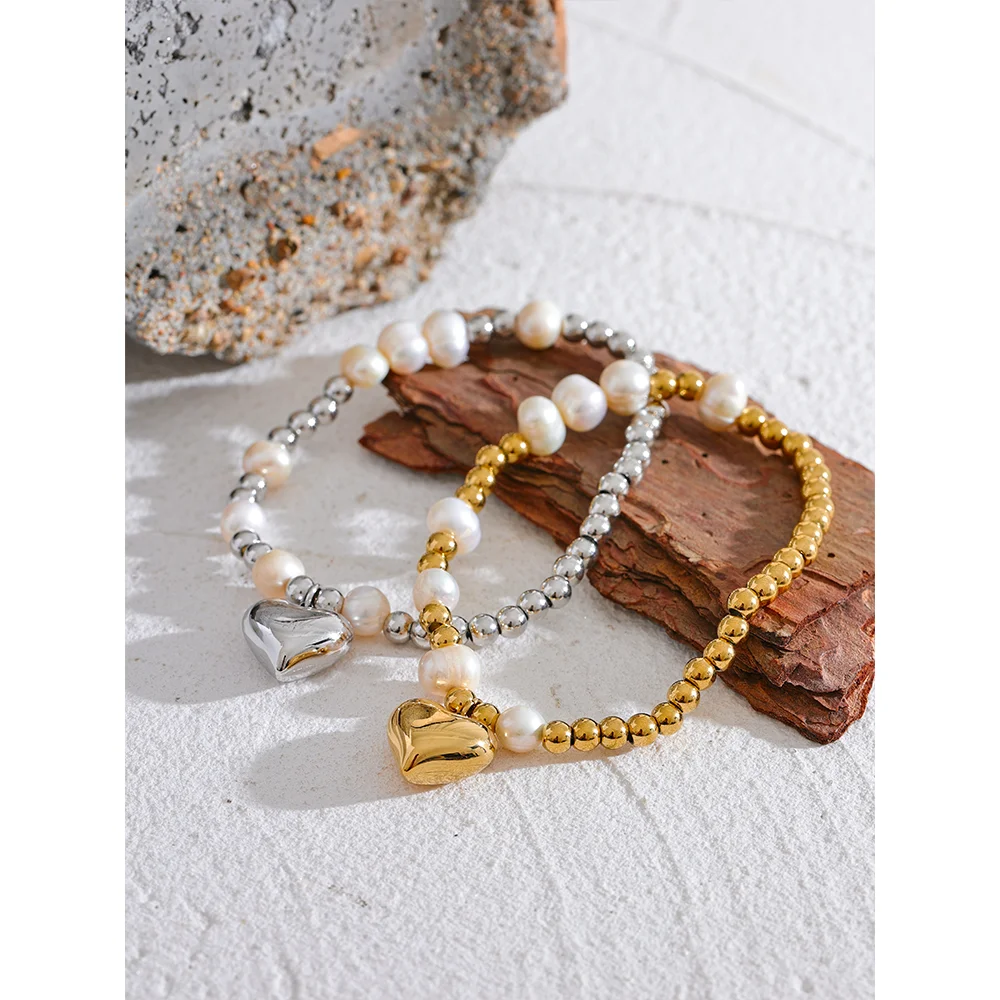 Yhpup Stainless Steel Natural Pearl Round Beads Chain Drop Heart Elastic Bracelet Bangle High-Grade Fashion Women Jewelry Bijoux