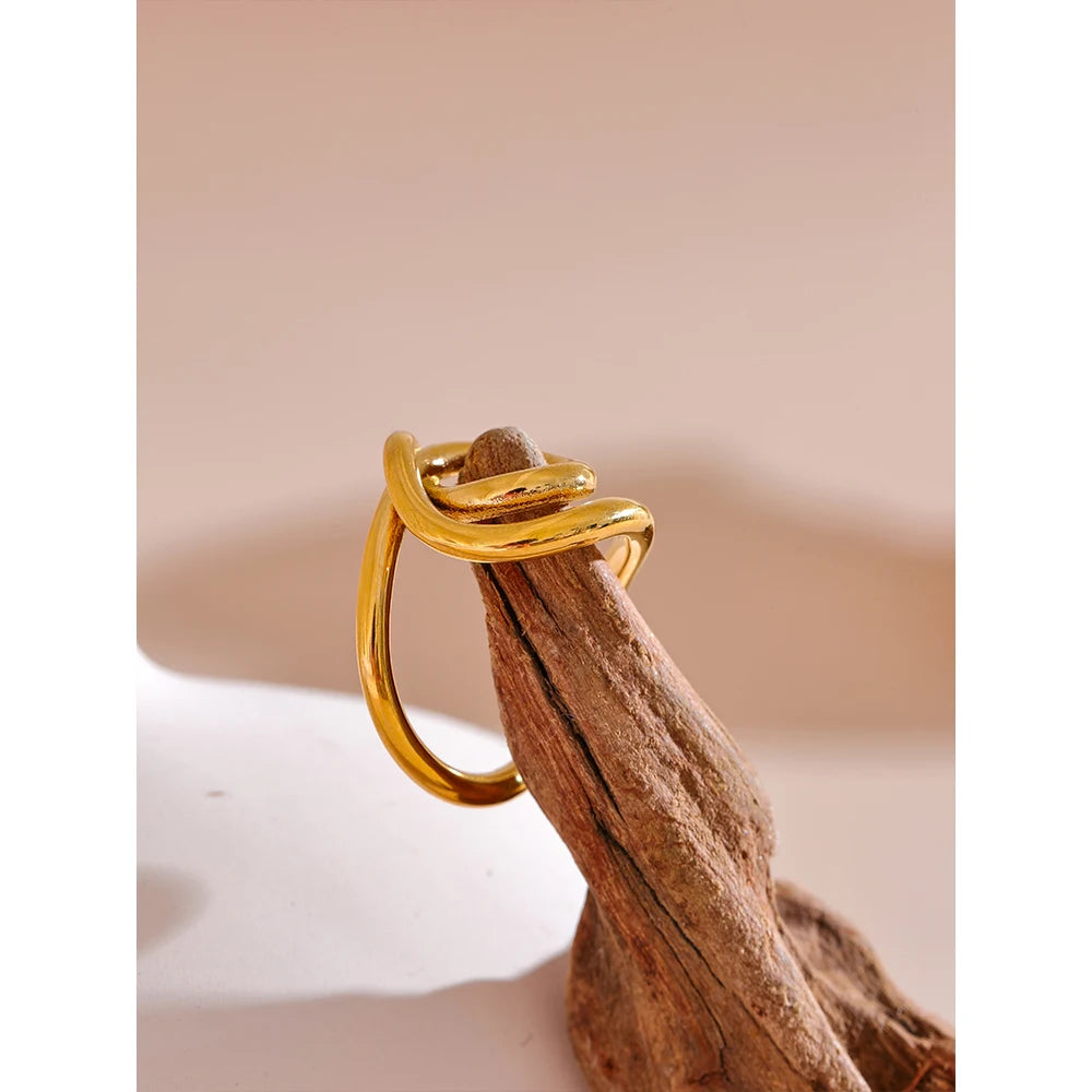 Yhpup Statement 316L Stainless Steel Geometric Line Unusual Ring Gold Color Rust Proof Attractive Fashion Jewelry for Women