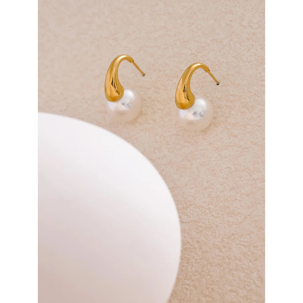 Yhpup Popular Imitation Pearls Stainless Steel Round Geometric High Quality Earrings Korean Daily Fashion Jewelry for Women