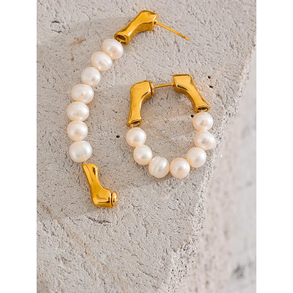 Yhpup Luxury Natural Freshwater Pearls Stainless Steel Handmade Hoop Earrings for Women 18K Gold Color Fashion Chic Jewelry Gift