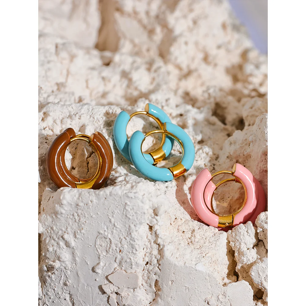Yhpup 20mm Candy Color Blue Pink Brown Enamel Stainless Steel Hollow Hoop Earrings Golden Simple Trendy Y2K Sweet Jewelry Gift