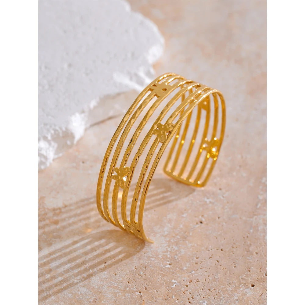 Yhpup Statement Stainless Steel Butterfly Hollow Wide Fashion Cuff Open Bracelet Bangle for Women Waterproof Jewelry New