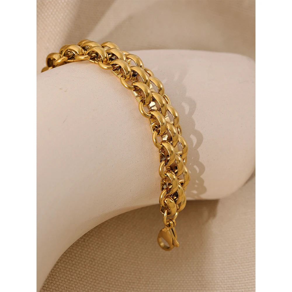 Yhpup Stainless Steel 18k Gold Plated Metal Width Cuban Chain Adjustable Charm Bracelet Bangle Fashion Statement Trendy Jewelry